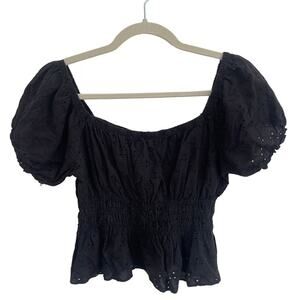 Lulus Black Eyelet Puff Sleeve Crop Top Capped Shoulder Summer Shirt Women's M